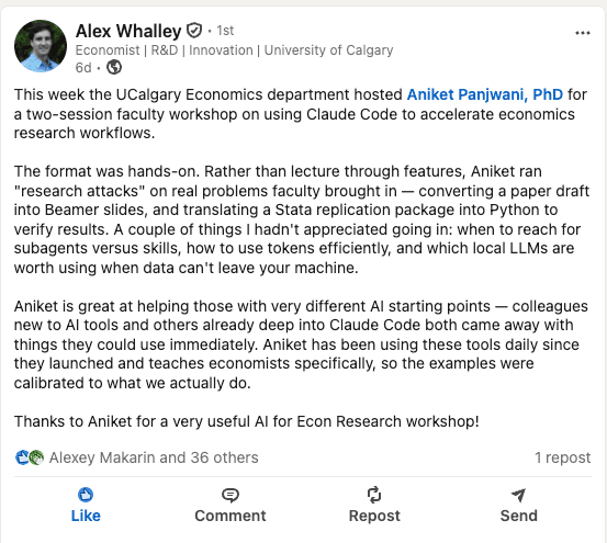 LinkedIn post from Professor Alex Whalley about the University of Calgary workshop