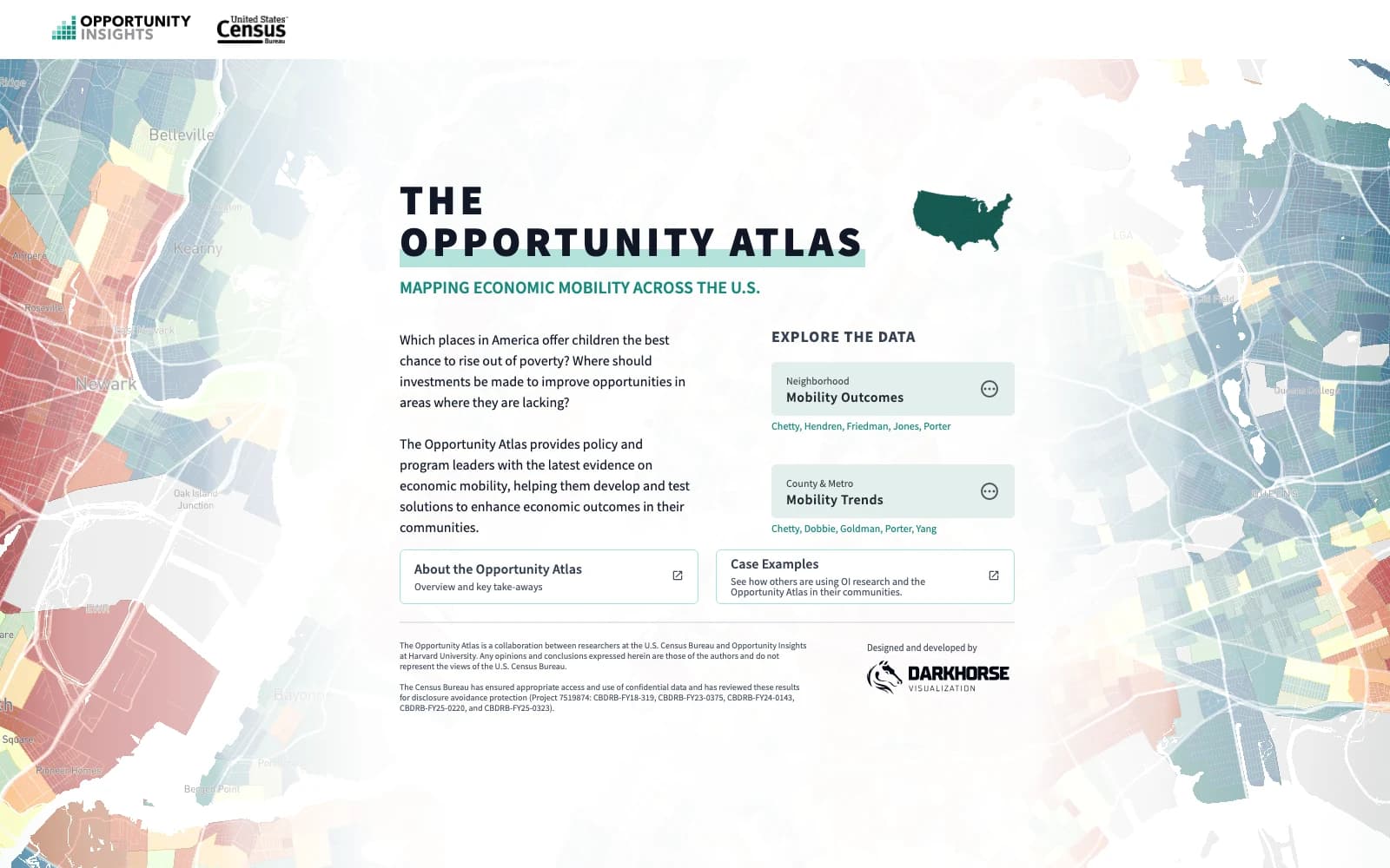 The Opportunity Atlas homepage, with maps of economic mobility across the United States